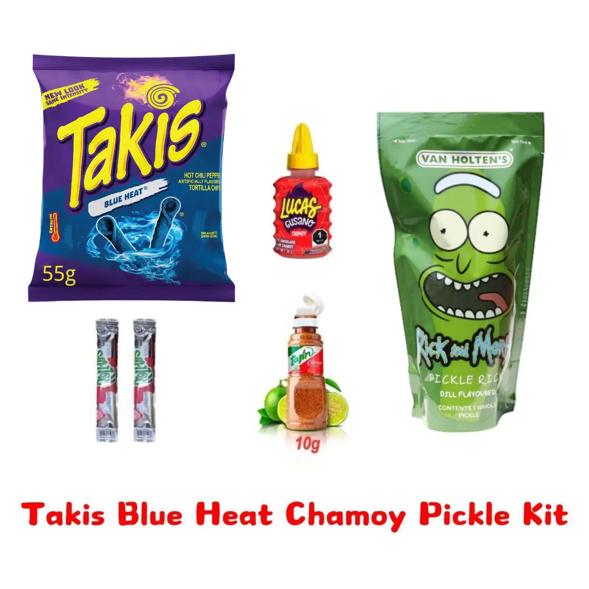 Takis Blue Heat Chamoy Pickle Kit | 1x Bag Takis Blue Heat Chips 55g, 1x Lucas Gusano, 1x Mini Tajin, 2x Betty Fruit Roll-Ups, 1x Pickle | Instant Food Snack Gift | Kimchi Pickled Marinated Flavor