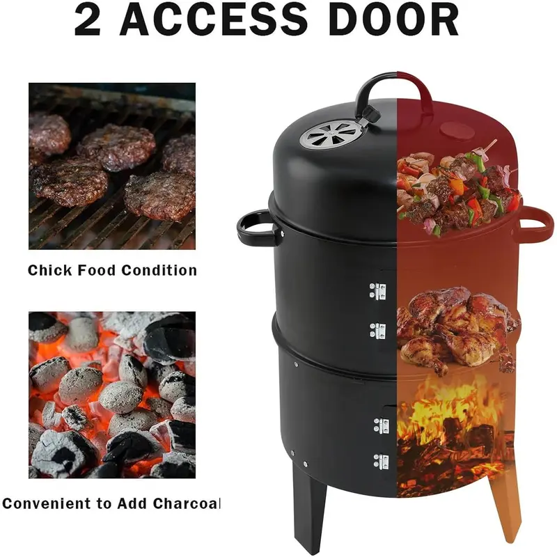 Warmiehomy Round Smoker BBQ Charcoal Barbecues with Temperature Gauge BBQ Charcoal Grill 2 Tier Outdoor for Party Camping, Black Black-1 1