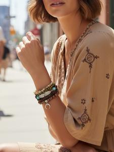 Boho Style Turquoise Texture & Feather Decor Beaded Bracelet, Fashion Accessories for Men & Women, Style for Daily Decor, Trendy All-match & Exquisite Jewelry for Birthday Gift