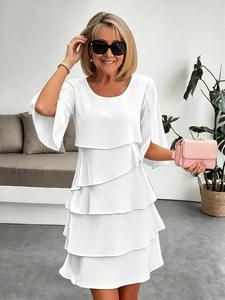 Spring Summer Fashion Cake Dress for Women, Elegant Chic Loose Fit Round Neck Dress, Casual and Stylish Above the Knee Dress, Womenswear
