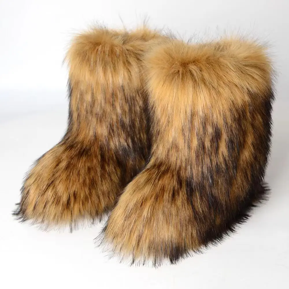 Fluffy Mid-calf Boots Winter Women Fashion Snow Boots Warm Cotton Shoes