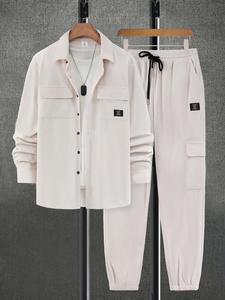 Two-Piece Set Men's Solid Button Front Ribbed Shirt & Patched Drawstring Pocket Pants Set, Regular Fit Casual Long Sleeve Collared Top & Elastic Waist Trousers, Men's Two-piece Outfits for Fall & Winter