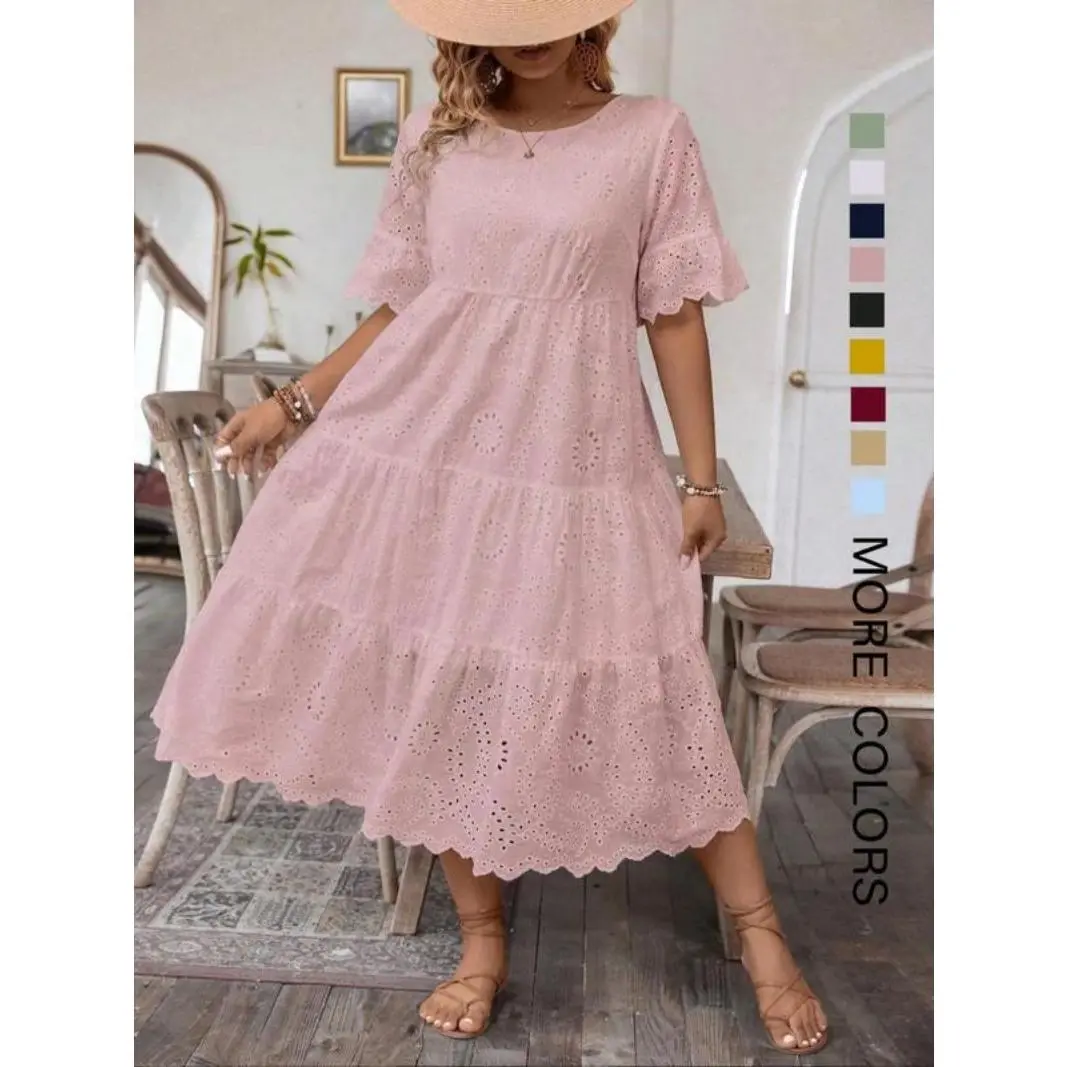 [Plus Size] Plain Eyelet Embroidery Dress, Boho Fashion Round Neck Dress for Daily Holiday Vacation Wear, Women Plus Clothing for Summer