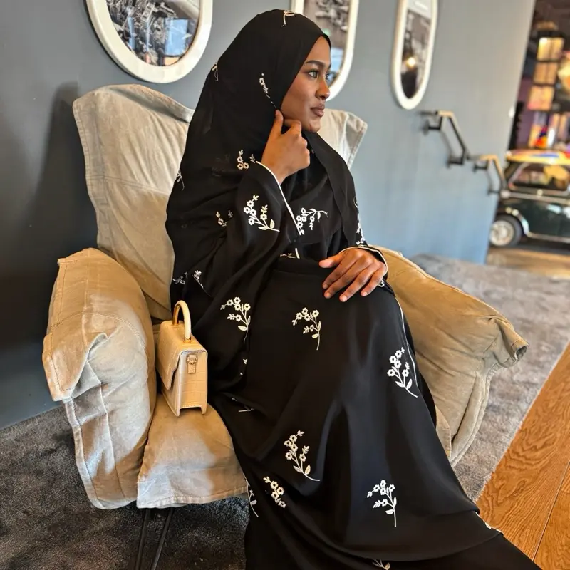 ABAYATOPIA Gulnaaz Black Embroidered Closed Butterfly Abaya with Internal Belt and Matching Hijab 5