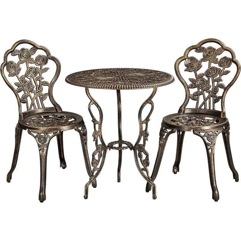3-Piece Patio Bistro Set, Outdoor AluminumTable and Chairs, Garden Dinging Furniture, Rose Design for Balcony, Porch, Lawn, Pool, Bronze 0
