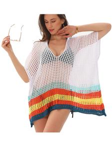 Women's Rainbow Stripe Print Open Front Cape Shawl, Casual Breathable Knit Cover Up for Beach Vacation, Fashion Clothing Accessories for Women & Girls