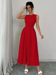 Women's Plain Side Zipper Midi Dress, Casual Sleeveless Ruffle Trim Dress for Summer, Women's Clothing for Daily Wear