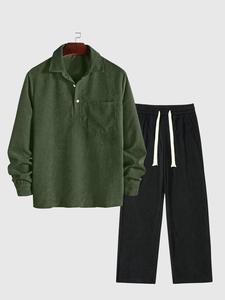Men's Solid Color Polo Shirt & Pants Set, Loose Casual Long Sleeve Button Top & Trousers, Men's Spring & Fall Clothes