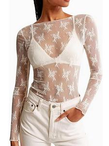 Women's Sheer Floral Lace Top, Casual Comfy Long Sleeve Boat Neck Top for Daily Wear, Ladies Clothes for All Seasons, Casual Classy Top