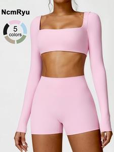 Women's Seamless High Elastic Soft Square Collar Open Waist Long Sleeve High Waist Not Curled Hip Shorts Yoga Clothes suit Outdoor Running Mountain Climbing Walking Fashion suit Gym Sports Training Versatile Long Sleeve Shorts Seamless Yoga Set