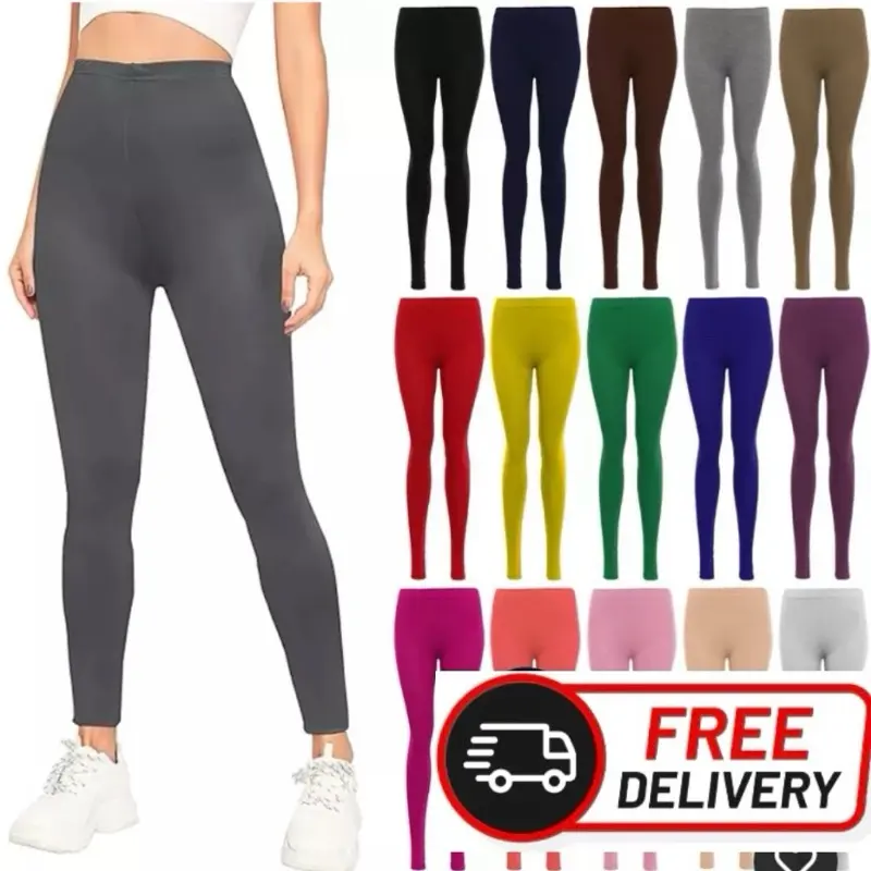 Womens Plain Leggings Ladies Stretchy Soft Elasticated Waist Viscose Basic 8-26