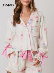 Two-piece Set Women's All Over Cartoon Print Contrast Binding Pajama, Long Sleeve Button Front Lapel Neck Shirt & Bow Decor Pants Pj Set, Women's Sleepwear for Spring & Fall, Pyjamas