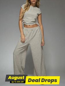 Women's Striped Print Top & Pants Two-piece Set, Casual Fashion Cozy Top & Trousers for Daily Outdoor Wear, Ladies Clothes for Summer, Womenswear, Casual Matching Clothing Set, Striped Lounge Set, Summer Outfits Set