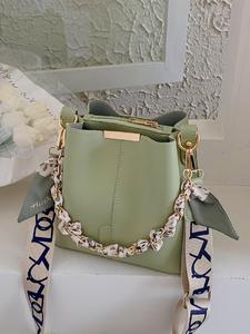Spring Chain Decorated Bucket Bag for Women, Solid Color Crossbody Bag with Silk Scarf, Minimalist Wide Strap Lux Bag for Women's Work & Daily Use Mother's Day Gift