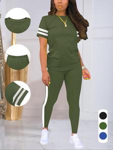 Women's summer round neck short-sleeved trousers suit casual sports home, classic solid color summer basic style, sleeves and pants with stripes personality casual style, Streetwear Tracksuit Set