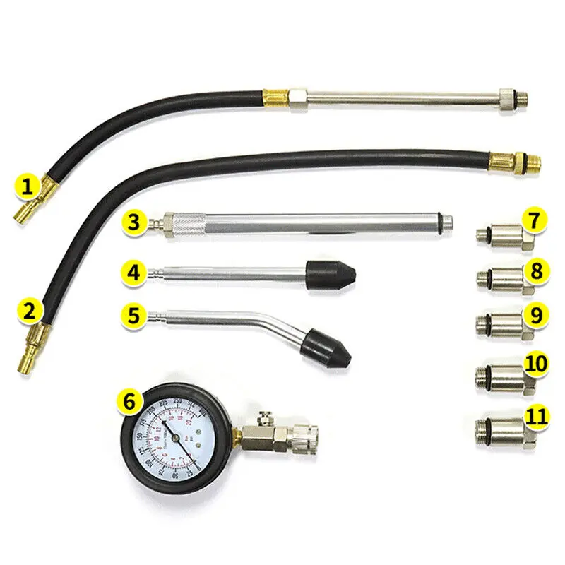 Petrol Engine Compression Tester Kit Fuel Cylinder Pressure Gauge Tool Set 11X 6