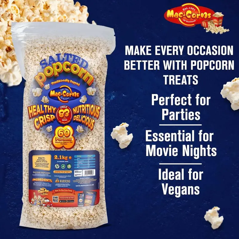 Mac-Corns - Bulk Pack Bundle ~ 2.1kg Salted Popcorn + 60 Tubs + Scoop ~ Traditionally Popped 5