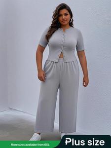 [Plus Size] Two-piece Set Solid Color Shortsleeve Top & Wide Leg Pants, Minimalist Casual Fashion Cozy Pants & Top Set for Daily Outdoor Wear, Women Clothing for Summer, Womenswear, Casual Outfit Set, Matching Clothing Set, Casual Lounge Set