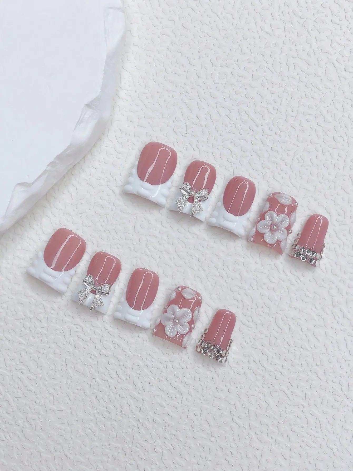 10pcs Y2K Nails Chic Duckbill Press On Nails Set - Handcrafted, White French Tip Style And Versatile 3d Handmade Carved Flower