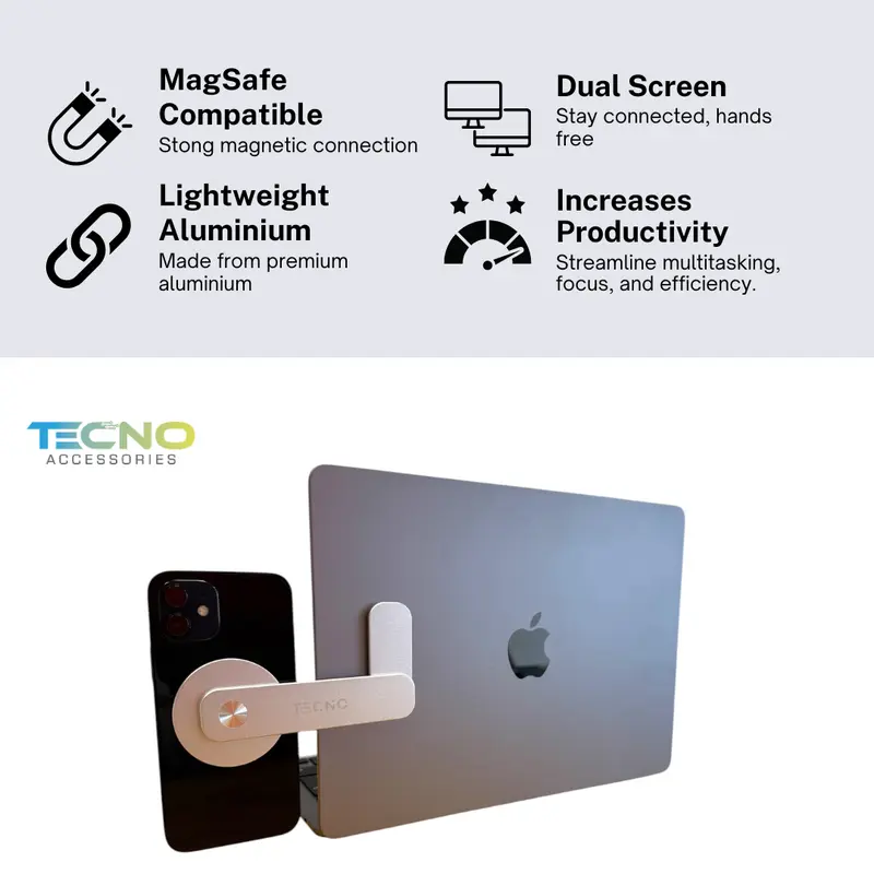 TECNO Magnetic Laptop Phone Holder, Side Mount Adjustable Laptop Stand, Foldable Arm With Magnetic Grip, Lightweight Aluminum Design - Ideal For Remote and Hybrid Workers, Students & Creators - Smartphone, Cellphone 1