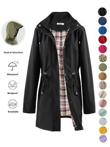 Women's Solid Color Drawstring Zip Up Hooded Trench Coat Jackets, Casual Long Sleeve Waterproof Windproof Outerwear for Spring & Fall, Ladies Clothes for Daily Wear