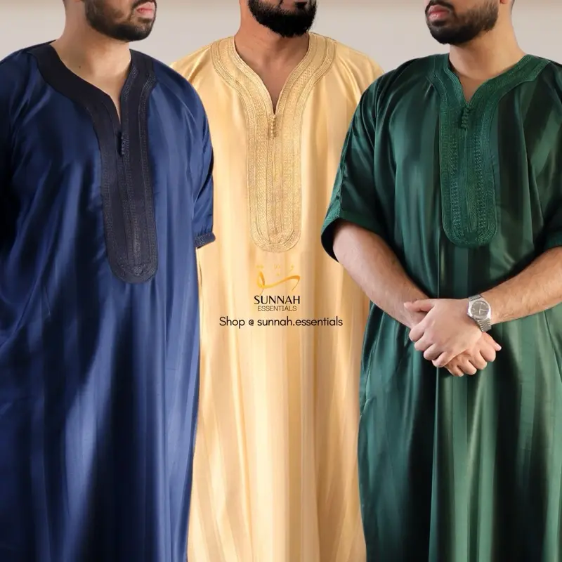 Moroccan Thobes Striped in Butter Yellow, Green & Navy Blue - Islamic Clothing 0