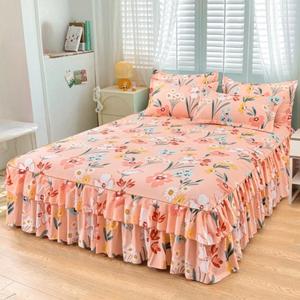 Floral Print Ruffled Edge Bed Skirt Set, 3 Counts/set Bed Skirt & Pillowcase without Filler, Christmas Decor Soft Comfortable Breathable Bedding Set for Home Bedroom, Decorative Bedding Set, Room Decor