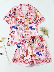 Women's Animal Print Top & Shorts Pajama Two-piece Set, Casual Comfy Short Sleeve Shirt & Shorts Loungewear Set, Ladies Summer Sleepwear