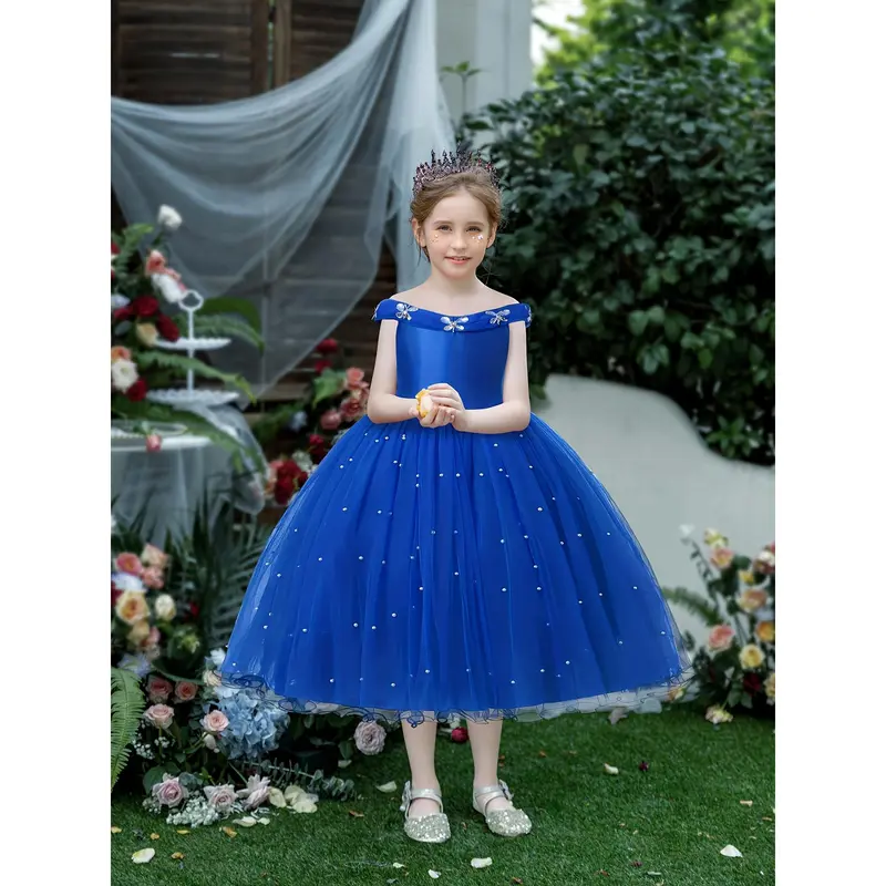 [Princess Dress | Off-Shoulder] Off-Shoulder One-Sleeve Girl's Princess Dress | Tulle with Artificial Diamonds and Pearls | for Festivals, Parties, Weddings, Flower Girl Dresses, Youngsters's Day Performances, Birthday Party Evening Gowns 6