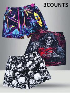 Men's Skull Print Beach Shorts, Regular Fit Casual Comfy Shorts for Summer, Men's Shorts for Beach Vacation
