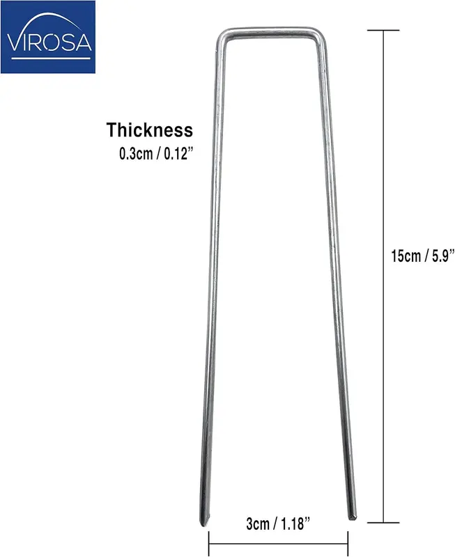 VIROSA Pack of 100 6 inch U Shaped Nail Pins for Weed Control, Landscape Fabric, and Artificial Grass - Galvanised Steel 1