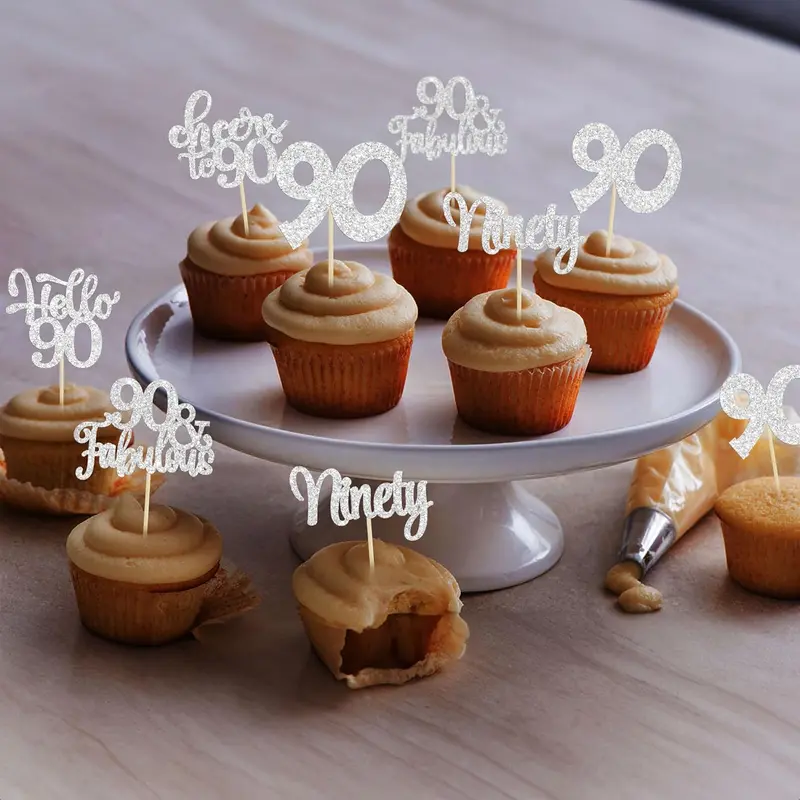 30Pcs Happy 90th Birthday Cupcake Toppers Silver Glitter Ninety Cheers to 90 Years Old Birthday Cupcake Picks for Happy 90th Birthday Anniversary Party Cake Decorations 5