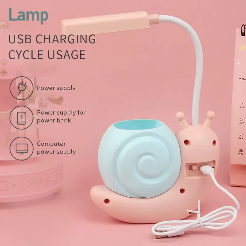 Cartoon Table Lamp Cute Snail Night Light USB Rechargeable LED Table Light Child Eye Protection Desk Lamp Reading Lamp With Pen 4