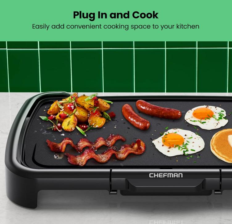Chefman XL Electric Grill Pan with Detachable Temperature Control, Dipable Flat Grill, Hamburger Grill, Egg Grill, Pancake Grill, Large Non-Stick Cooking Surface, Slide-Out Drip Tray, 10 x 20 Inches 2