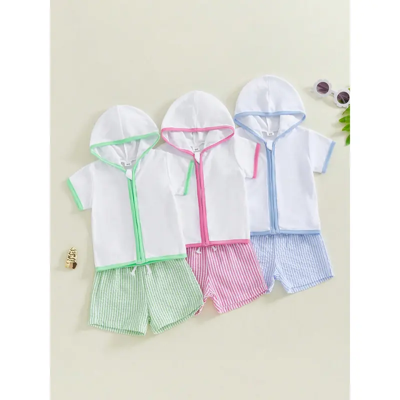 Toddler Boys Beach 2PC Outfit, Zipper Hoodie  Stripe Print Quick-Dry Shorts Set For Summer Swim Cover Up 1