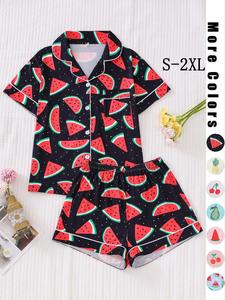 Women's All Over Fruit Print Button Front Shirt & Elastic Waist Shorts Pyjama Set, Cute Short Sleeve Lapel Top & Shorts Pj Set, Summer Sleepwear for Women
