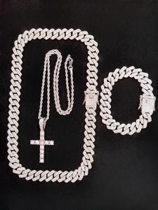 Rhinestone Cross Pendant Chunky Chain Necklace & Bracelet for Women & Men (3counts), Fashion Jewelry for Party, Daily Clothing Decor, Birthday Gift,  Charm Necklace