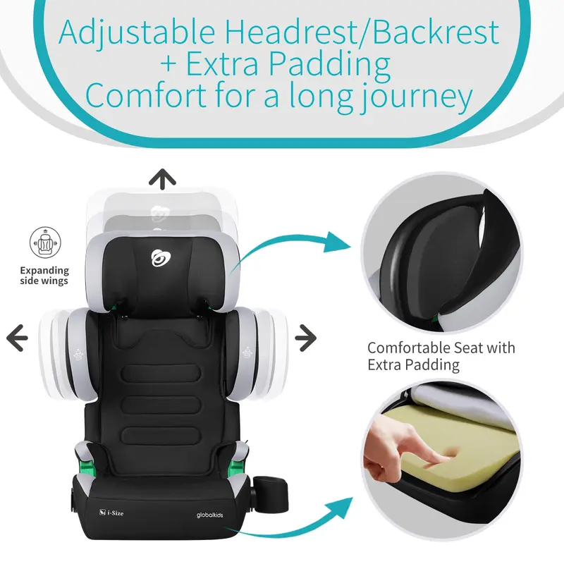 globalkids i-Size High Back Booster Car Seat, Group 2/3 ISOFIX Toddler Car Seat, with Cup Holder, Adjustable Headrest/Backrest/Width, 3–12 Years, 15-36 kg, 100cm-150cm, Black 4