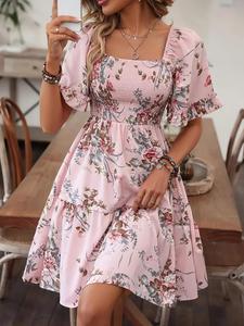 Women's Floral Print Ruffle Hem Shirred A Line Dress, Casual  Boho Romantic Flounce Sleeve Square Neck Short Dress for Beach Vacation, Ladies Summer Clothes