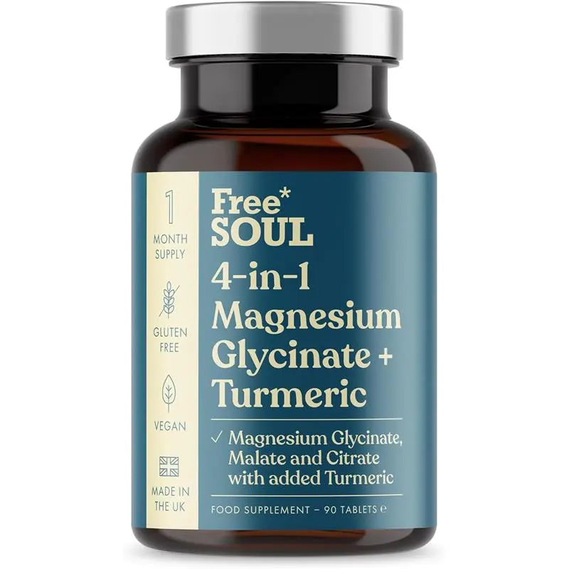 Free Soul Magnesium Glycinate + Turmeric 4-in-1 Complex | 90 Vegan Tablets | Gluten-Free | UK Made | Supports Muscle Function & Energy - Healthcare