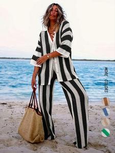 Women's Colorblock Striped Print Hollow Out Sweater Co-ord Set, Casual Button Front Shirt & Wide Leg Pants Set, Women's Knitwear for Daily Wear