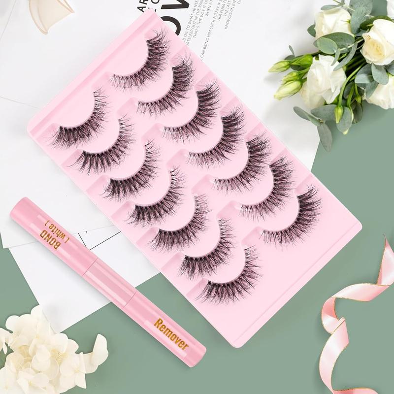 Clear Band Fluffy Lashes Kit with False Eyelashes Glue Bond and Remover Wispy Cat Eye Lashes 7 Pairs Fake Eyelashes Natural Look 3D Strip Lash Extensions Reusable Faux Mink Lashes 7
