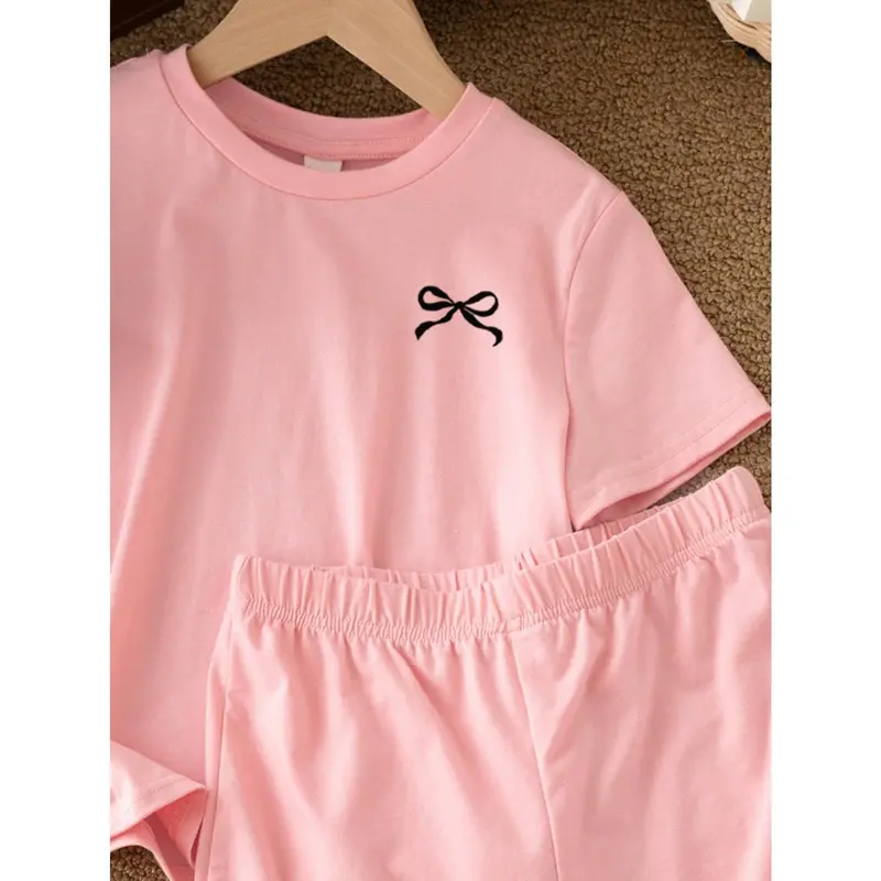 2pcs Tween Girls Casual Minimalist Bow Decor Short Sleeve Top And Shorts Set, Summer Outfit 3