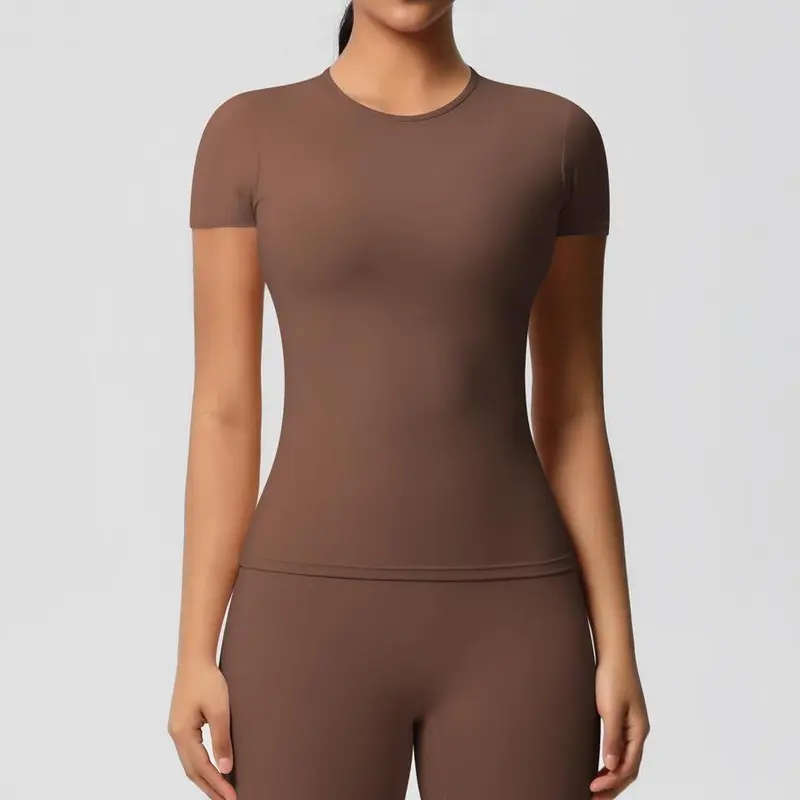 【GETMOD】Women's solid color sportswear suit, sports round collar T-shirt and high-waist fitness leggings #8455/6 3