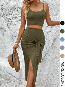 Two-piece Set Women's Solid Ribbed Crop Cami Top & Skirt, Casual Slim Sleeveless Top & Knot Skirt for Summer, Ladies Clothes for Daily Wear, Womenswear, Casual Lounge Set, Minimalist Summer Outfits Set