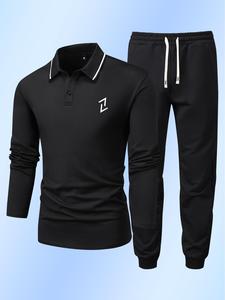 Two-Piece Set Men's Geometric Print Contrast Binding Set, Regular Fit Casual Button Front Top & Drawstring Pants, Men Two-piece Outfits For Spring & Fall