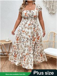 【Plus Size】 Floral Print Split Thigh A Line Dress, Dress in Club, Dresses for Women, Boho Cap Sleeve Square Neck Long Dress for Daily Holiday Vacation Wear, Summer Dresses 2025, Elegant Plus Size, Plus Size Tummy Flattering Dresses, Casual Wear