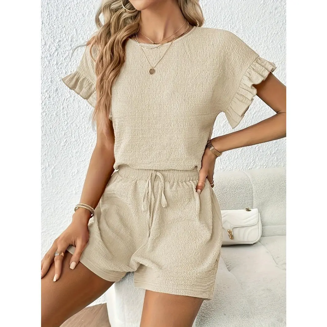 Solid Color Summer Casual Two-piece Set, Ruffle Crew Neck Short Sleeve Top & Shorts Outfits, Women's Clothing