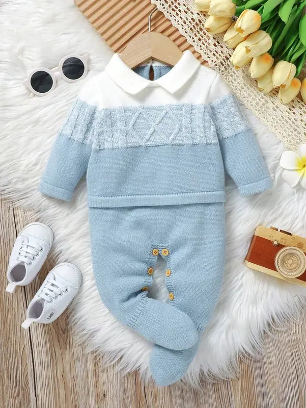 1pc Light Blue Diamond-Shaped Knitted Footed Jumpsuit With Long Sleeves For Toddler Boys, Spring/Autumn/Winter Baby 4