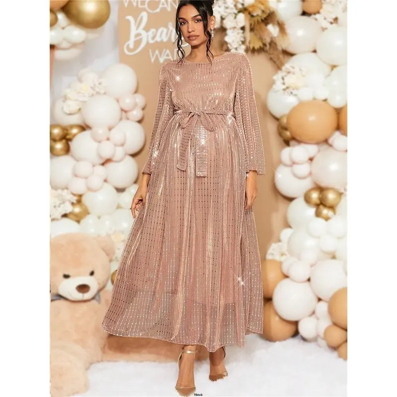 Festival Music Maternity Autumn Long Sequin Elegant Gender Loomaby Reveal Dress Pregnant Women Loose Sleeve Baby Shower For 3
